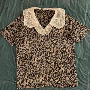 Leopard Print Blouse with Lace Collar